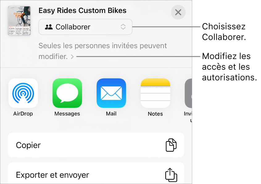 Le menu Partager avec l’option Collaborer sélectionnée en haut, et des réglages d’accès et d’autorisation en dessous.