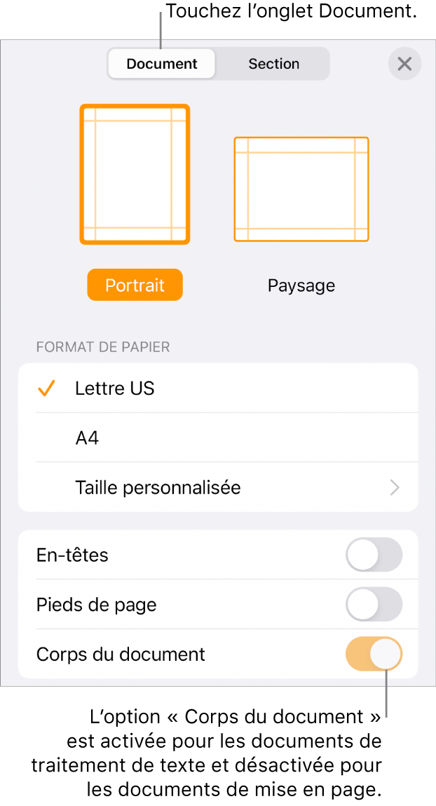 Les commandes de mise en forme de document avec l’option « Corps du document » activée vers le bas de l’écran.