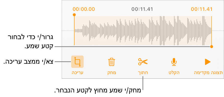 כלי הבקרה לעריכת שמע שהוקלט. ידיות האחיזה מציינות את המקטע שנבחר מתוך ההקלטה, והכפתורים ״תצוגה מקדימה״, ״הקלט״, ״חתוך״, ״מחק״ ו״מצב עריכה״ נמצאים מתחת.