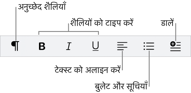 “त्वरित फ़ॉर्मैट” बार जो अनुच्छेद शैलियों, टाइप शैलियों, टेक्स्ट अलाइनमेंट, बुलेट और सूचियों और तत्वों को डालने के लिए आइकॉन दिखाता है।