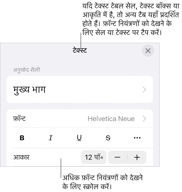 “फ़ॉर्मैट” मेनू में अनुच्छेद सेटिंग और वर्ण शैली, फ़ॉन्ट, आकार और रंग के लिए टेक्स्ट नियंत्रण।