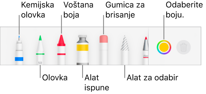 Alatna traka za crtanje u aplikaciji Pages na iPhoneu s kemijskom olovkom, olovkom, voštanom bojom, alatom za ispunu, gumicom za brisanje, alatom za odabir i kotačićem s bojama koji prikazuje trenutačnu boju.