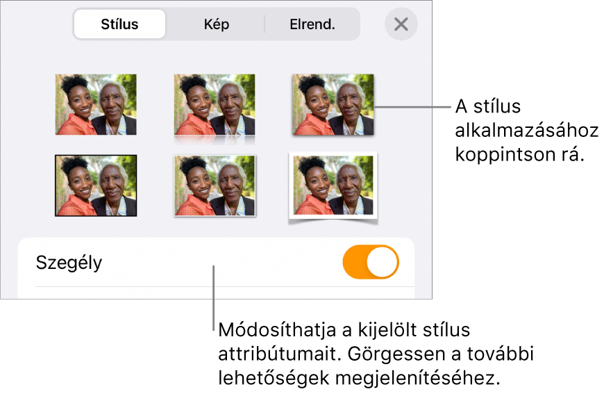 A Formátum menü Stílus lapja, felül az objektumstílusokkal, alattuk pedig a szegély módosítására szolgáló vezérlővel.