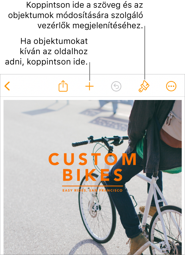 Egy Pages-dokumentum az eszközsoron lévő gombokkal, amelyek a formázásvezérlők megnyitására és objektumok hozzáadására használhatók.