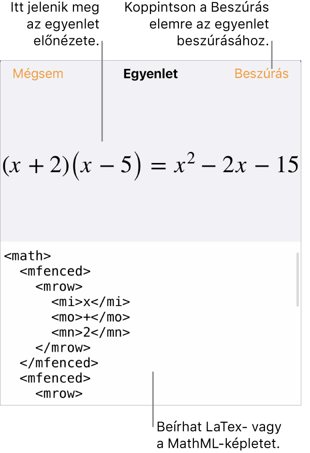 Az Egyenlet párbeszédpanel, amelyen egy, a MathML-parancsok használatával írt egyenlet, felül pedig az egyenlet előnézete látható.