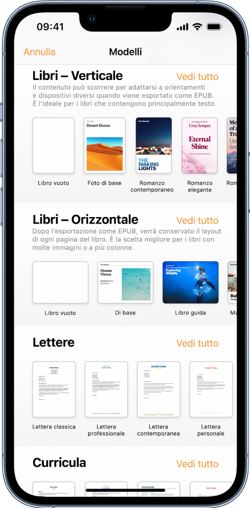“Scelta modelli” con modelli per libri con orientamento verticale nella parte superiore e con orientamento orizzontale nella parte inferiore.