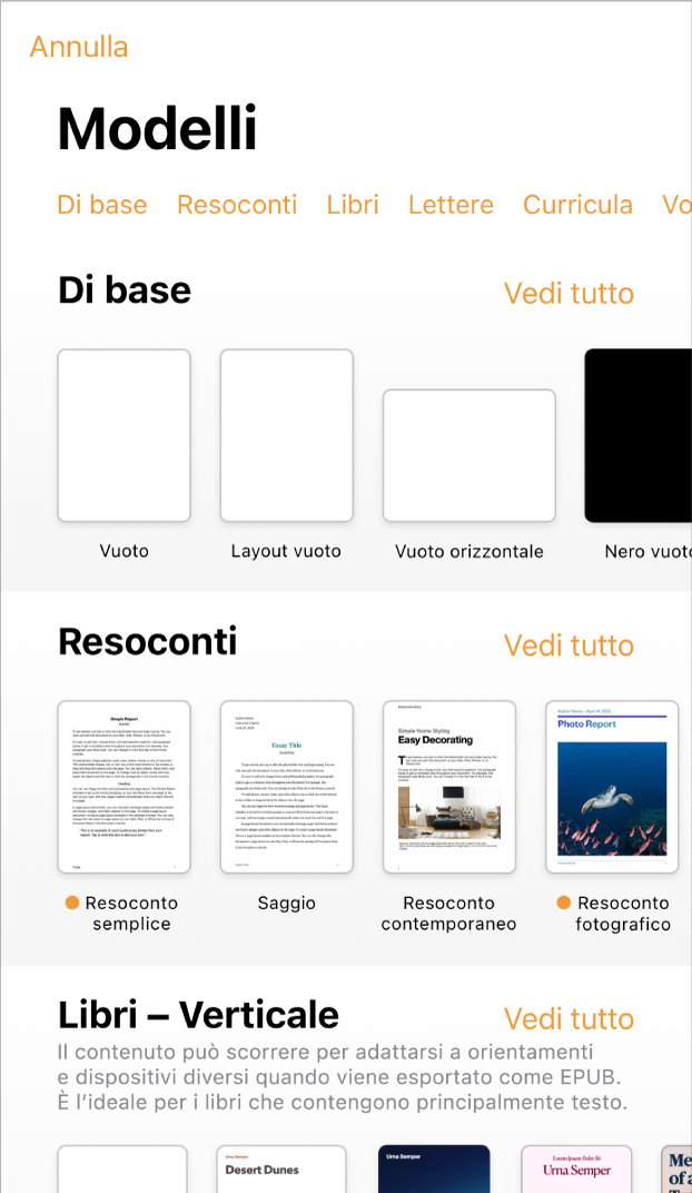 “Scelta modelli”, in cui è visibile una riga di categorie nella parte superiore dello schermo che puoi toccare per filtrare le opzioni. Sotto ci sono delle miniature di modelli con design predefinito disposti in riga per categoria, a partire da Nuovo in cima e seguiti da Recenti e “Di base”. Viene visualizzato un pulsante “Vedi tutto” in alto e a destra di ciascuna riga della categoria.