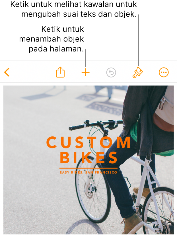 Dokumen Pages dengan butang dalam bar alat untuk membuka kawalan Format dan menambahkan objek.