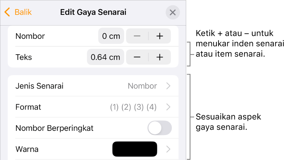 Menu Edit Gaya Senarai dengan kawalan untuk jarak inden, jenis dan format senarai, nombor berperingkat dan jarak baris.