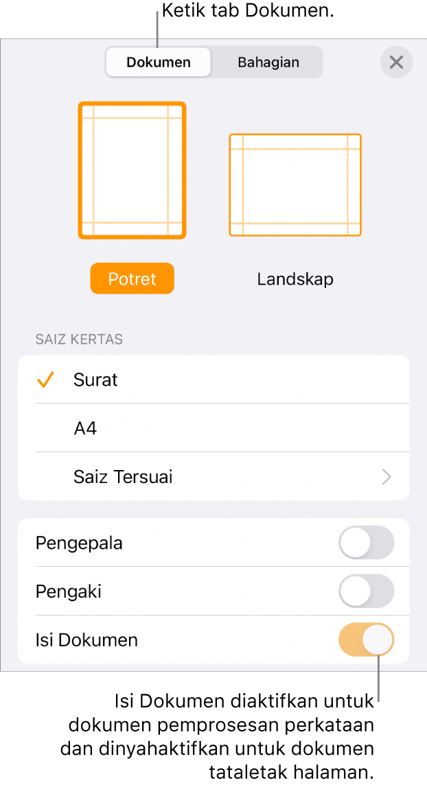 Kawalan format Dokumen dengan Isi Dokumen diaktifkan berhampiran bahagian bawah skrin.