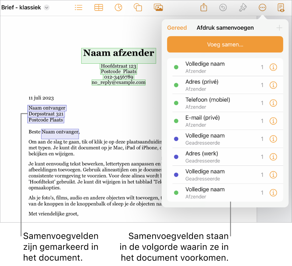 Pages-document met samenvoegvelden voor geadresseerde en afzender. In de navigatiekolom 'Document' wordt de lijst met alle gebruikte samenvoegvelden weergegeven.