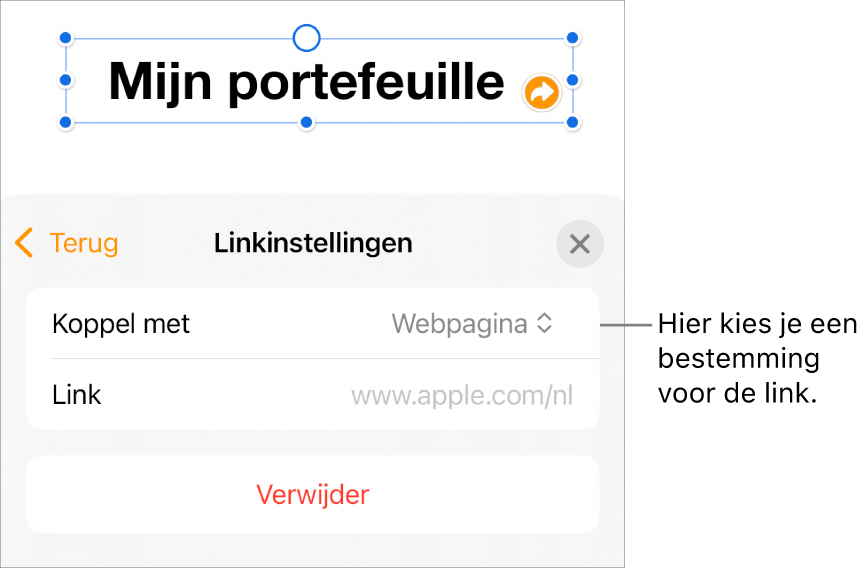 De regelaars voor linkinstellingen. 'Webpagina' is geselecteerd en onderaan staat de knop 'Verwijder'.