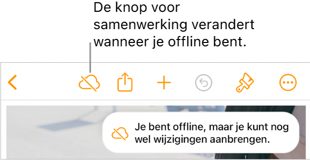 De knoppen boven in het scherm, met de knop voor samenwerking die is veranderd in een wolk met een schuine streep. De volgende melding staat op het scherm: 'Je bent offline, maar je kunt nog wel wijzigingen aanbrengen.'