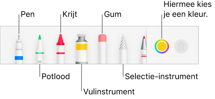 De knoppenbalk voor tekenen in Pages op de iPhone met een pen, potlood, krijt, vulinstrument, gum en selectie-instrument en een kleurenvak met de huidige kleur.