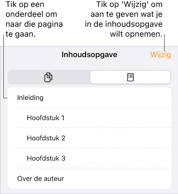 De inhoudsopgave met koppen in een lijst. Rechtsboven staat de knop 'Wijzig' en onderin staan de knoppen 'Paginaminiaturen' en 'Inhoudsopgave'.