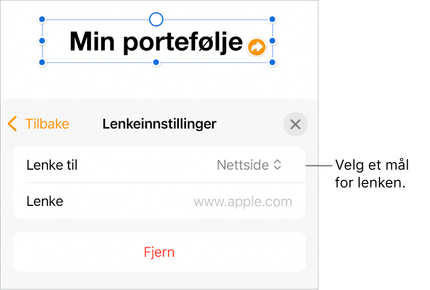 Lenkeinnstillinger-kontrollene med Nettside markert og Fjern-knappen nederst.
