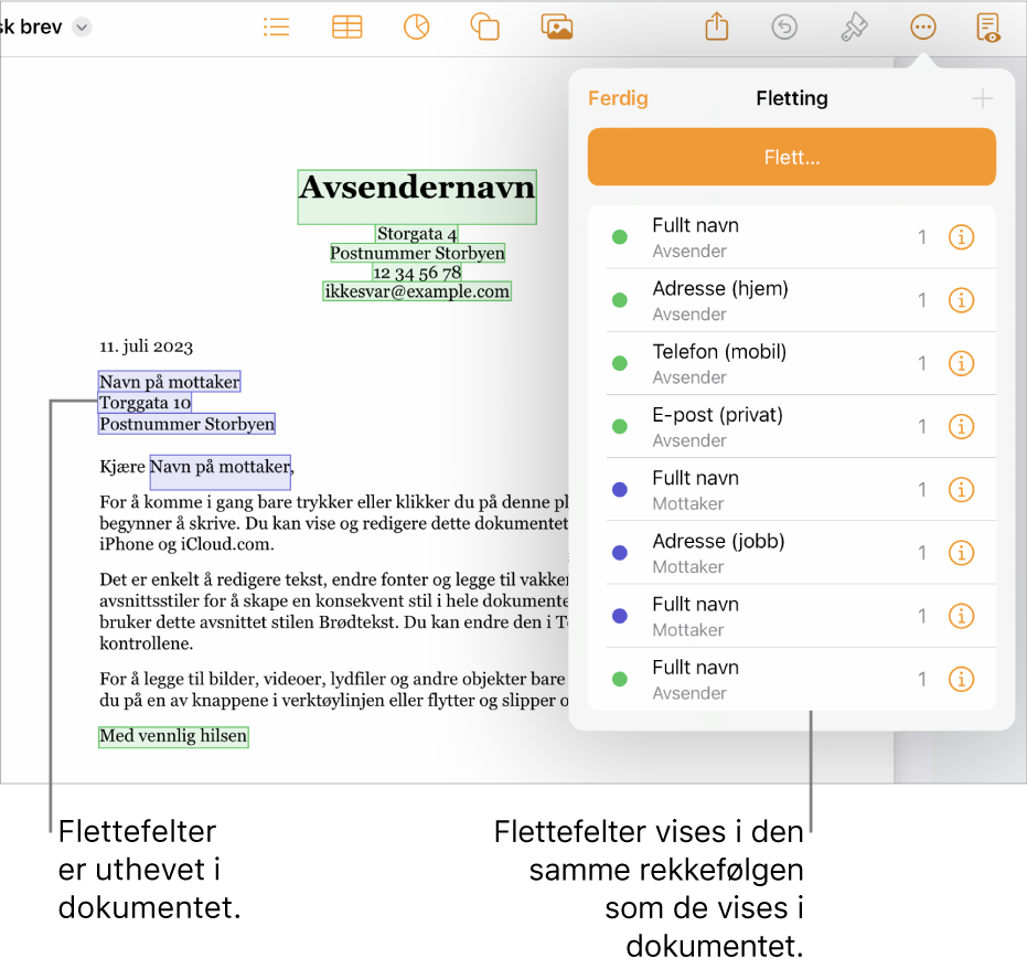 Pages-dokument med flettefelt for mottaker og avsender og en forekomstliste for flettefelt synlig i Dokument-sidepanelet.