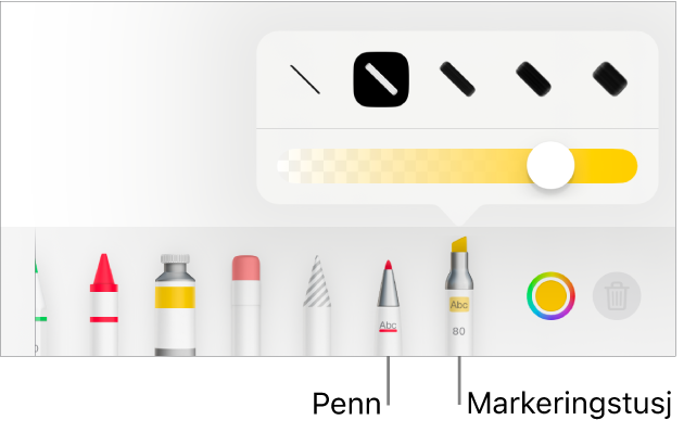 Smart merknad-verktøymenyen med penn- og uthevingsknapper, linjebreddevalg og opasitetsskyveknappen.
