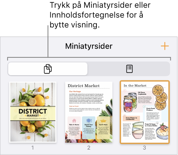 Sideminiatyrvisning med miniatyrbilder av hver side. En Sideminiatyr-knapp og en Innholdsfortegnelse-knapp er nederst på skjermen.