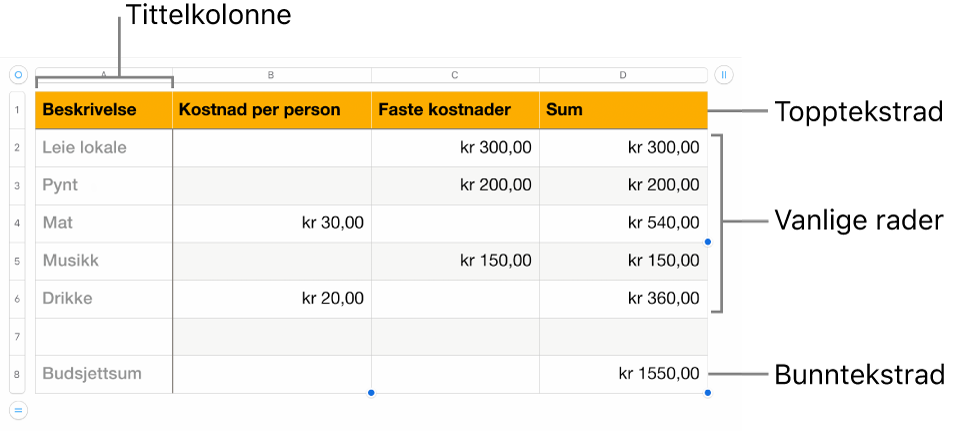 En tabell som viser tittelrader og -kolonner, vanlige rader og kolonner og bunnrader og -kolonner.