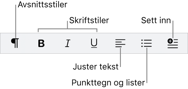 Hurtigformateringslinjen, med symboler for avsnittsstiler, skriftstiler, tekstjustering, punkttegn og lister og innsetting av elementer.