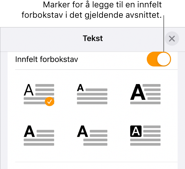 Innfelt forbokstav-kontrollene vises i Tekst-menyen.