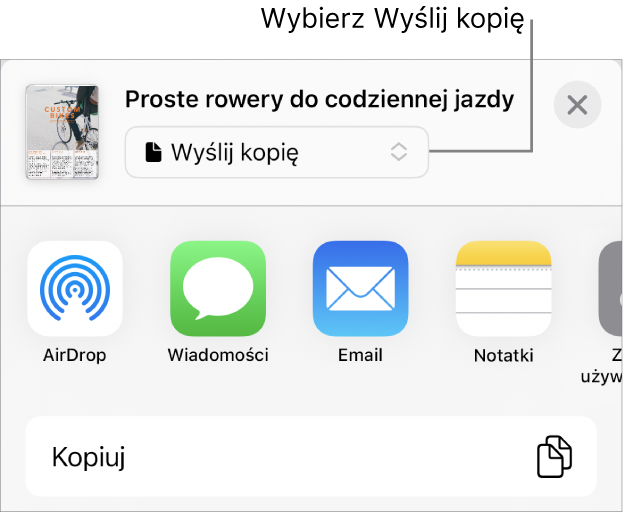 Menu udostępniania z wybraną opcją Wyślij kopię (na górze).