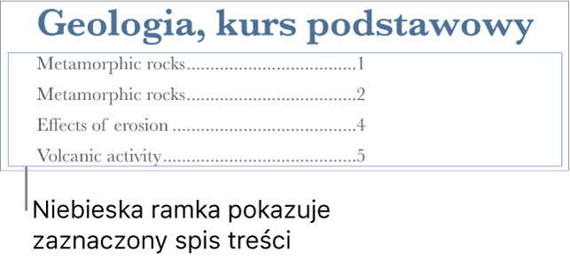 Spis treści wstawiony do dokumentu. Pozycje zawierają nagłówki wraz z numerami stron.