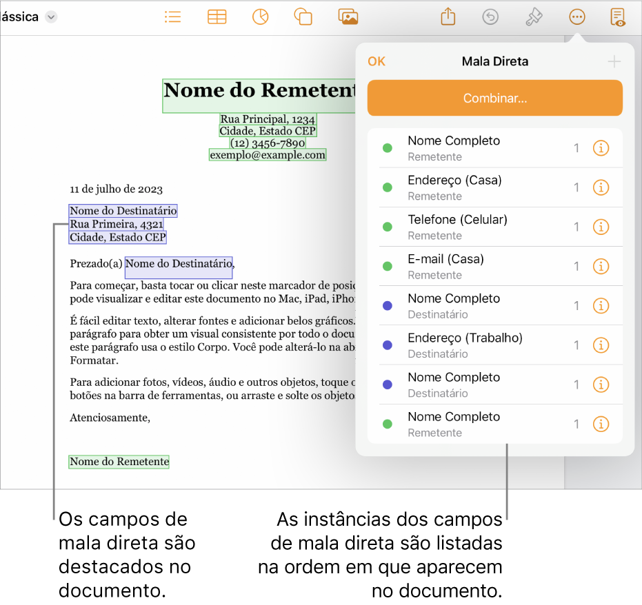 Documento do Pages com campos de destinatário e remetente de mala direta e a lista de instâncias de campos de mala direta visível na barra lateral Documento.