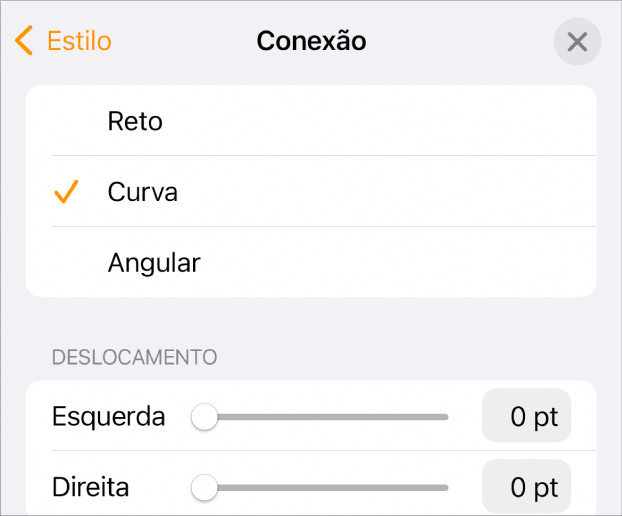 Os controles de Conexão com Curva selecionada.