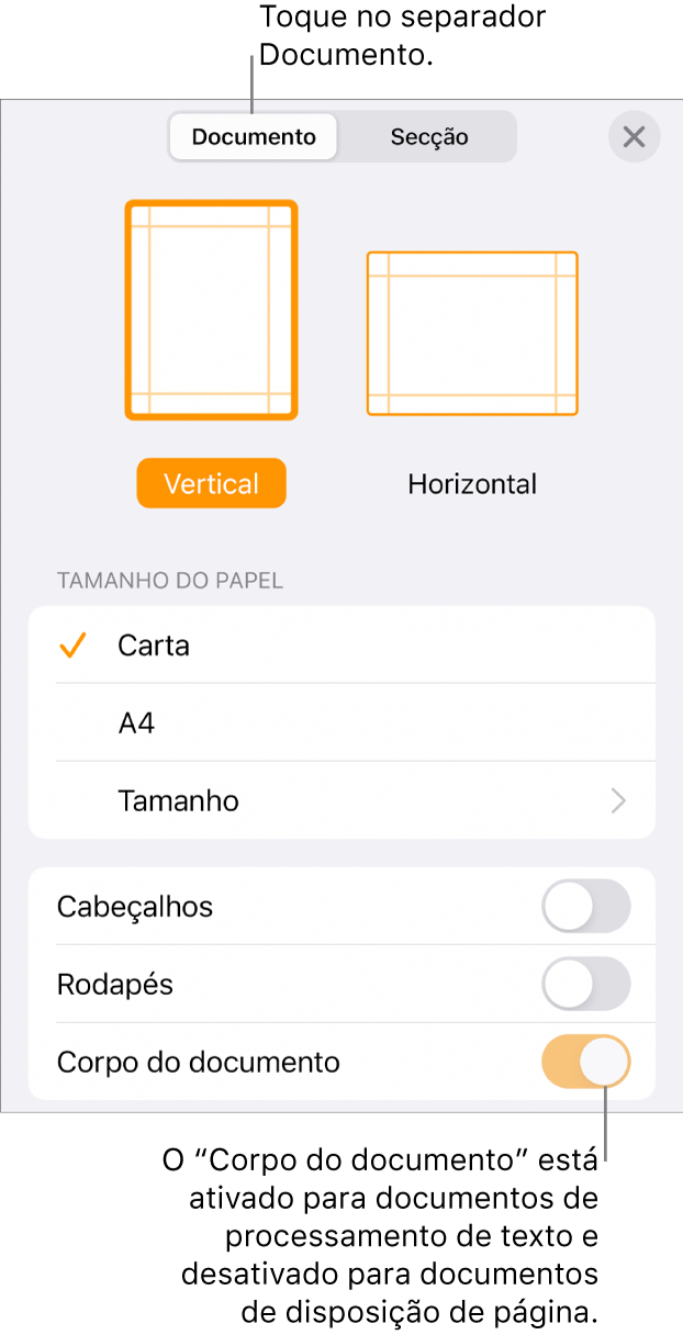 Os controlos de formatação de “Documento” com a opção “Corpo do documento” ativada perto da parte inferior do ecrã