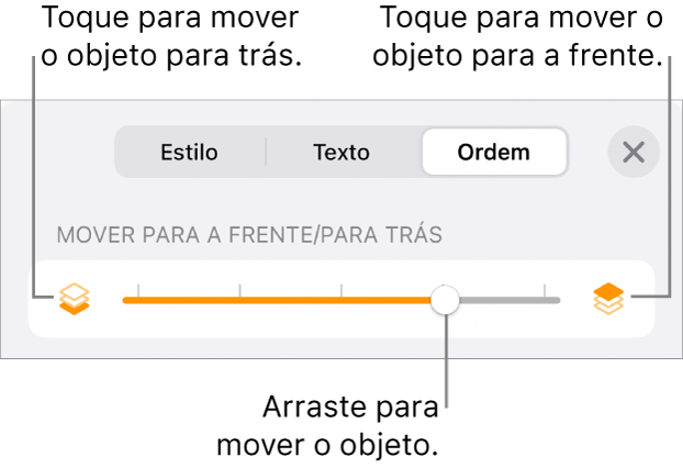 O botão “Mover para trás”, o botão “Mover para a frente” e o nivelador da camada.
