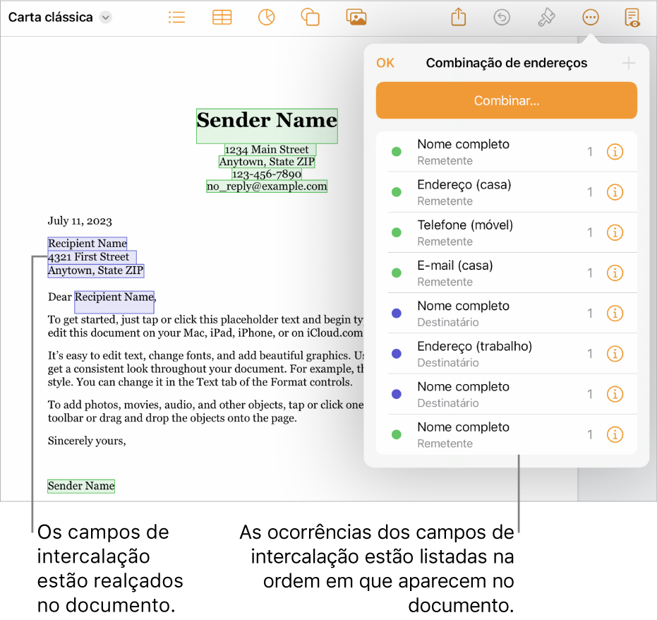 O documento do Pages com os campos de intercalação do destinatário e do remetente e a lista de ocorrências do campo de intercalação visível na barra lateral “Documento”.