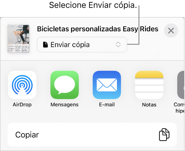 O menu “Partilhar” com “Enviar cópia” selecionada na parte superior.