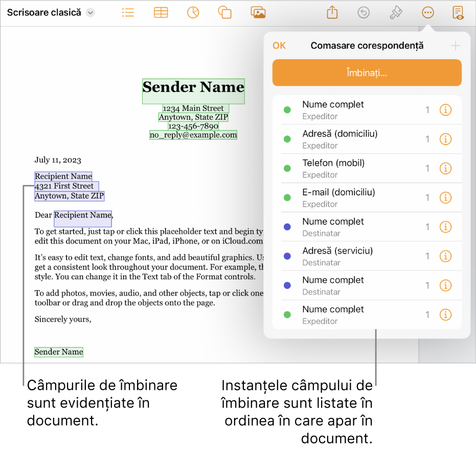 Un document Pages cu câmpurile de îmbinare ale expeditorului și destinatarului și lista de ocurențe ale câmpurilor de îmbinare vizibilă în bara laterală Document.