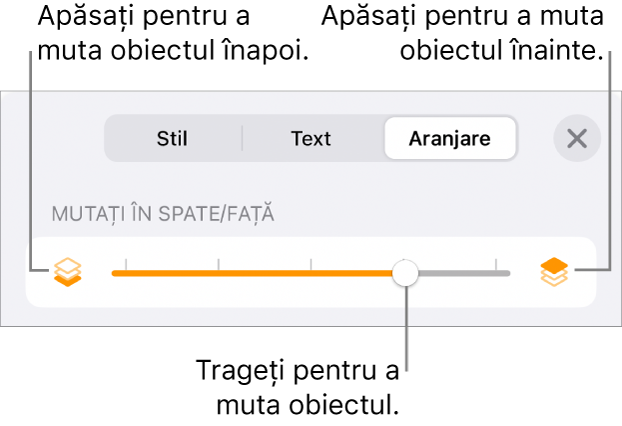 Butonul Deplasare înapoi, butonul Deplasare înainte și glisorul pentru straturi.