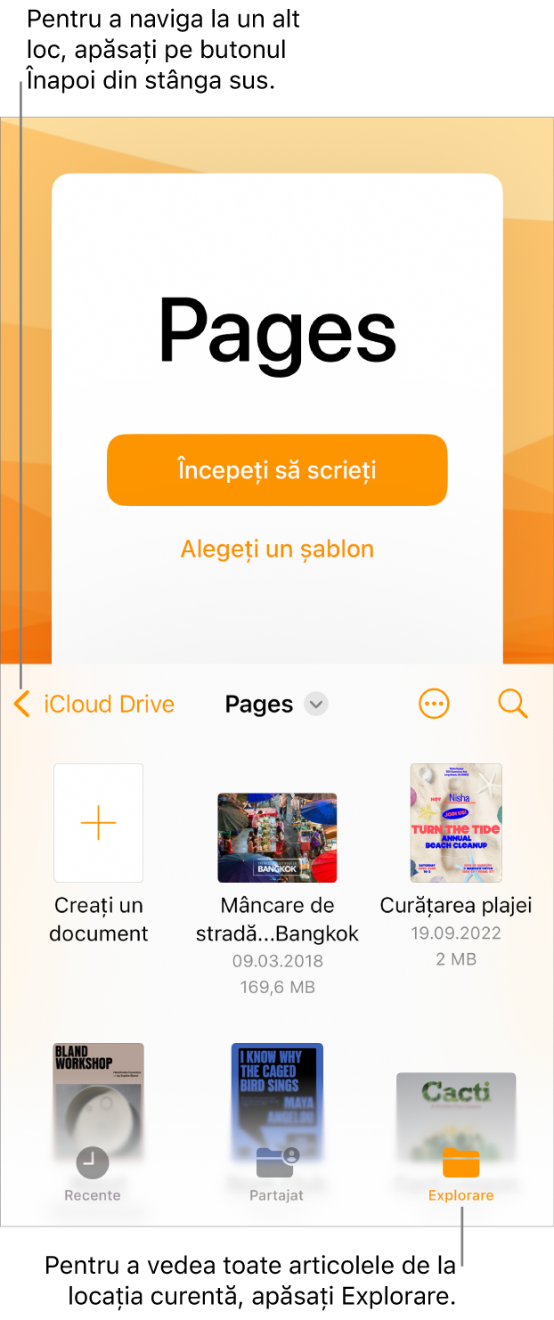 Vizualizarea de explorare a managerului de documente cu butonul Înapoi în colțul din stânga sus și sub acesta un câmp Căutare. Sub câmpul de căutare se află un buton Creează un document lângă miniaturile documentelor existente. În colțul din dreapta-sus sunt butoanele Recente, Partajate și Explorează.