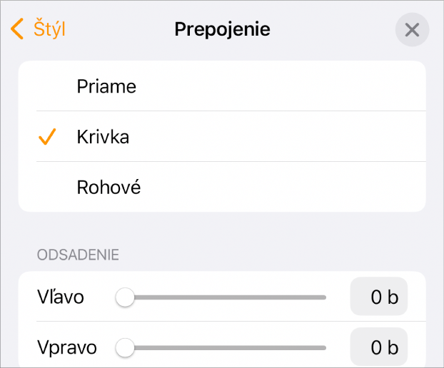 Ovládacie prvky Spojenie s vybranou možnosťou Krivka.