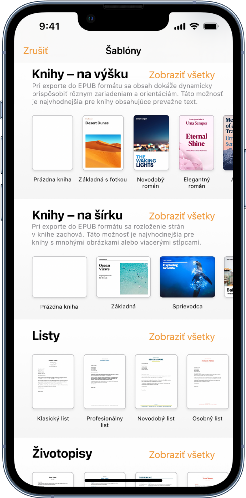 Výber šablón so šablónami kníh v orientácii na výšku v hornej časti a v orientácii na výšku nižšie.