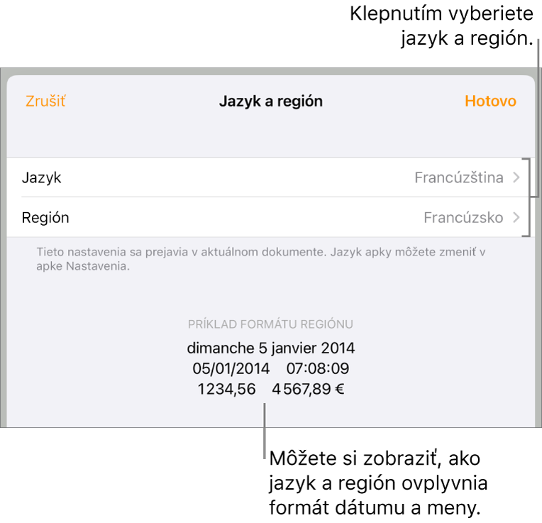 Panel Jazyk a región s ovládacími prvkami pre jazyk a región a príklad formátu dátumu, času, desatinného znaku a meny.
