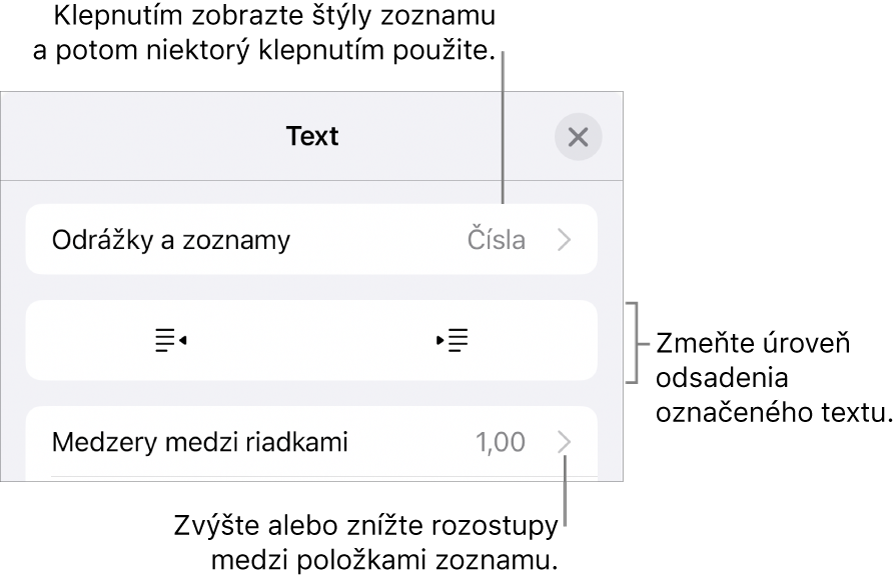 Sekcia Odrážky a zoznamy ovládacích prvkov Formát s bublinami popisujúcimi položku Odrážky a zoznamy, tlačidlami odsadenia a ovládacími prvkami na nastavenie medzery medzi riadkami.
