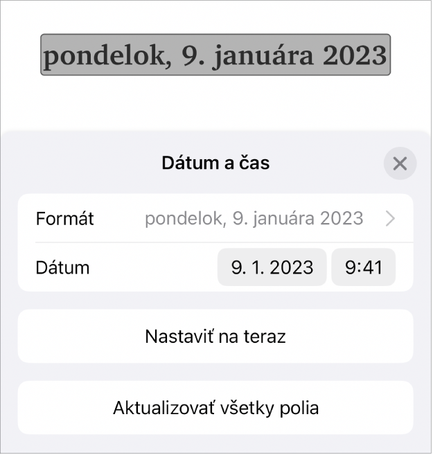 Ovládacie prvky dátumu a času, ktoré zobrazujú vyskakovacie menu Formát a tlačidlá Nastaviť na teraz a Aktualizovať všetky polia.