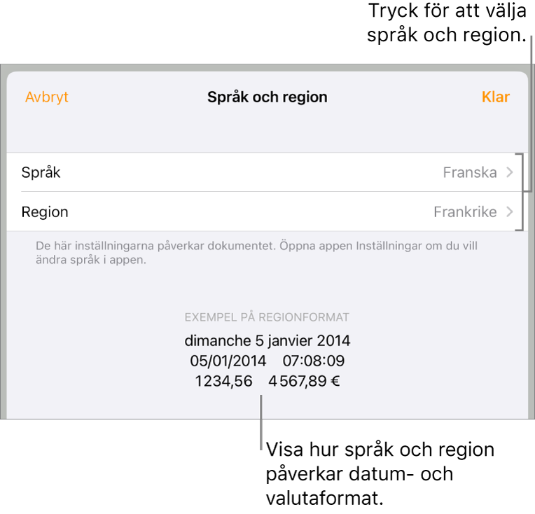 Panelen Språk och region med reglage för språk och region samt ett formatexempel med datum, tid, decimal och valuta.