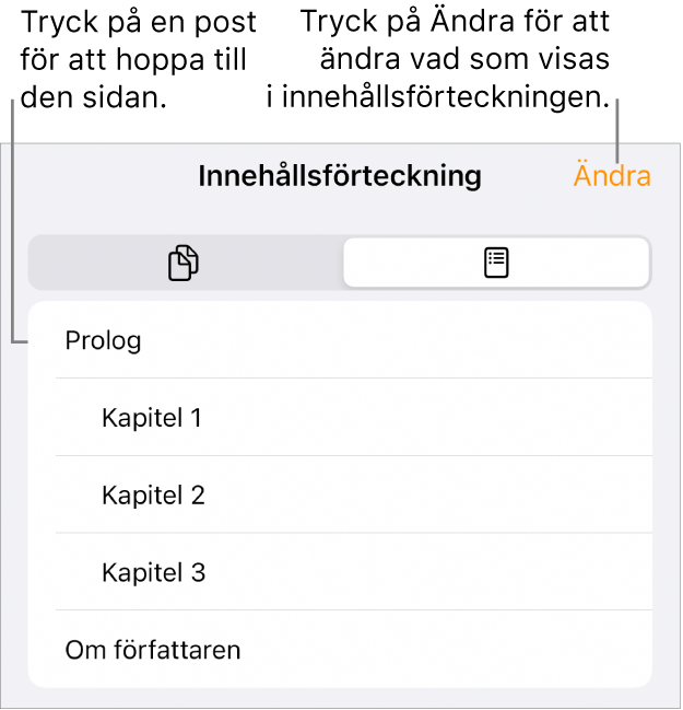 Innehållsförteckningsvyn med rubriker i en lista. I det övre högra hörnet finns en ändringsknapp och längst ned finns knapparna för sidminiatyrer och innehållsförteckning.