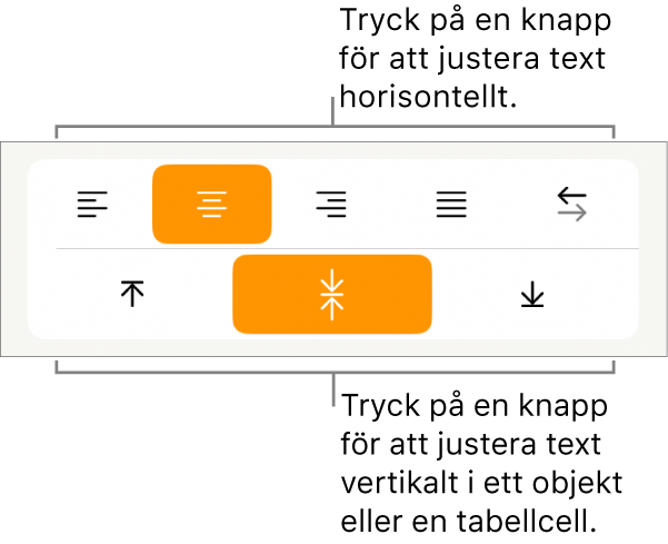 Knapparna för horisontell eller vertikal justering av text.