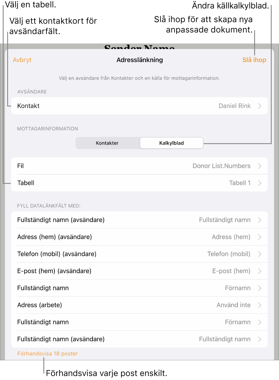 Adresslänkningspanelen är öppen med alternativ för att välja avsändarinformation, ändra källfil eller -tabell, förhandsvisa datalänkfältsnamn eller enskilda poster eller länka dokumentet.