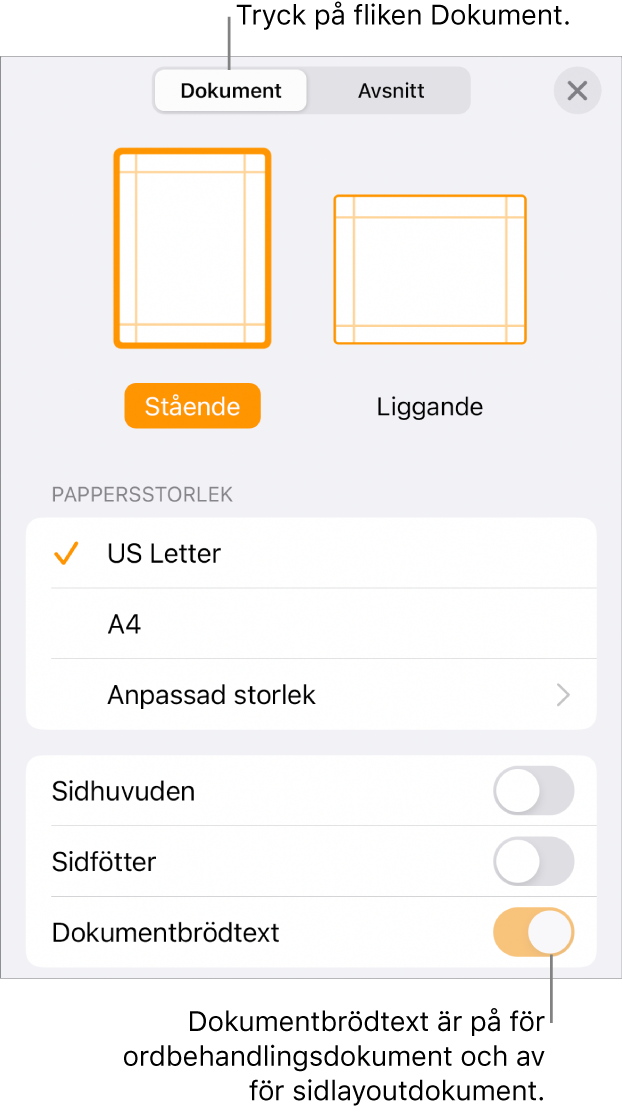 Dokumentformatreglagen med Dokumentbrödtext påslaget nära nederkanten av skärmen.