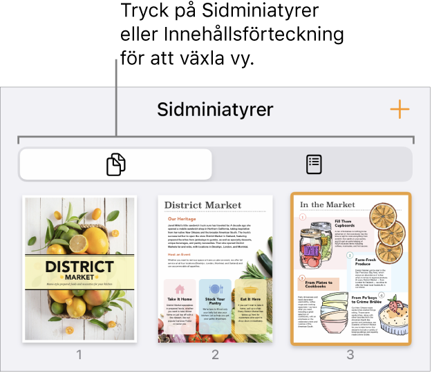 Sidminiatyrvyn med sidminiatyrer för varje sida. Längst ned på skärmen finns knapparna Sidminiatyrer och Innehållsförteckning.