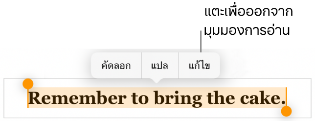 ประโยคถูกเลือกอยู่ และด้านบนเป็นเมนูบริบทที่มีปุ่มคัดลอกและปุ่มแก้ไข