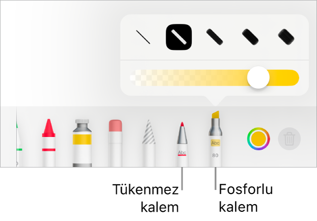 Kalem ve fosforlu kalem düğmeleri, çizgi genişliği seçenekleri ve opaklık sürgüsü ile Akıllı Açıklama aracı menüsü.